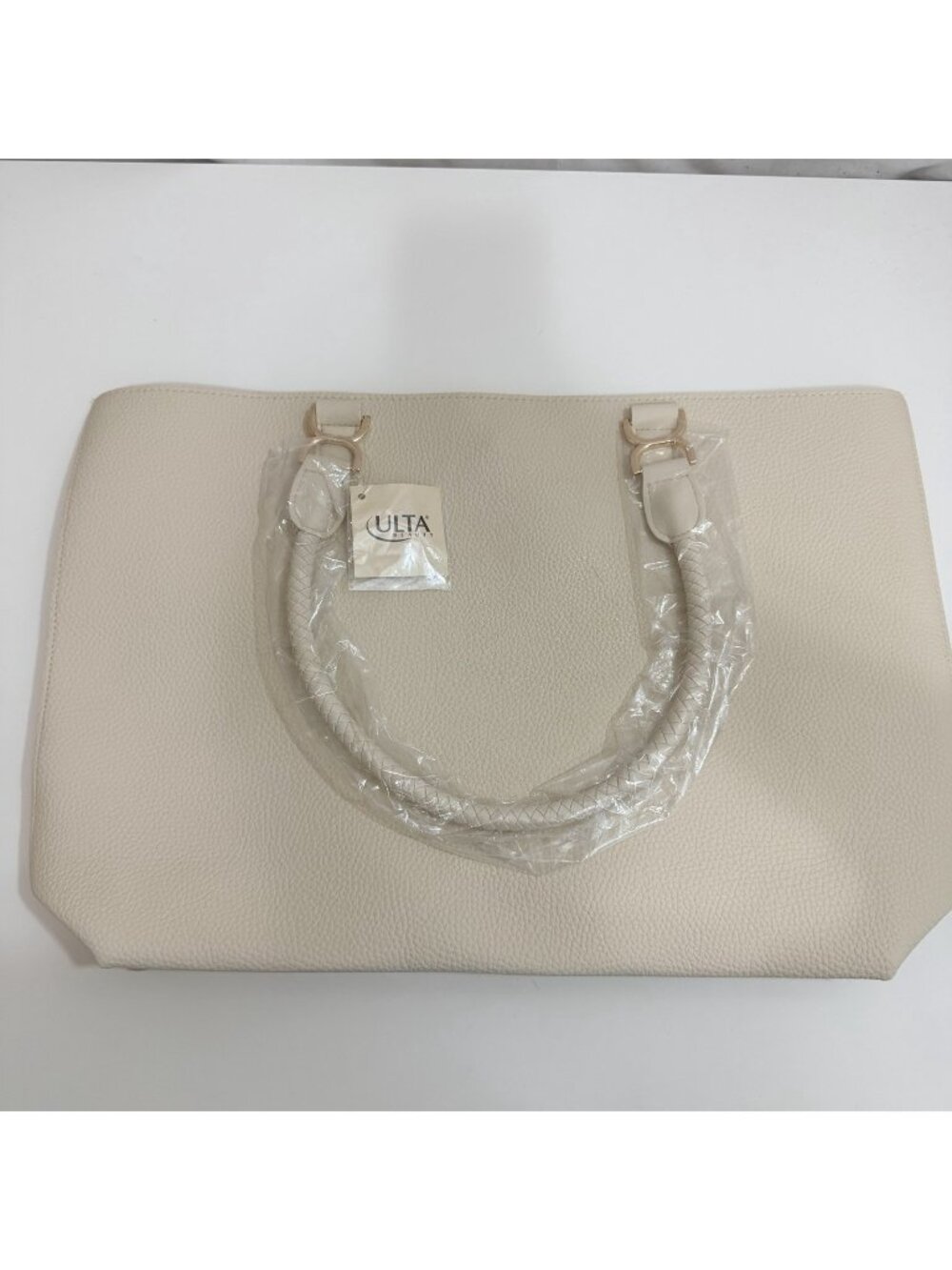 Ulta Beauty Large Ivory Faux Pebble Leather Tote Bag Braided Handle Gold Accents